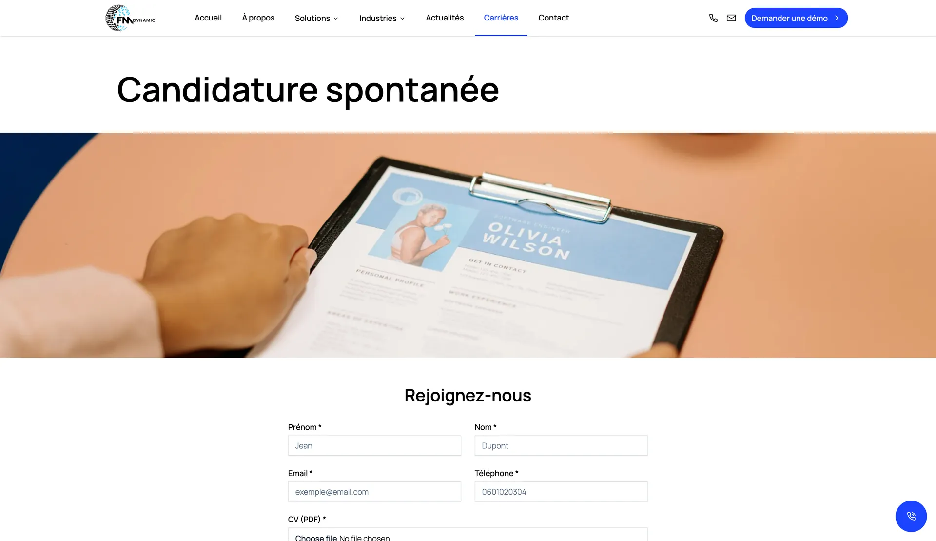 Page candidature spontanée de FM Dynamic