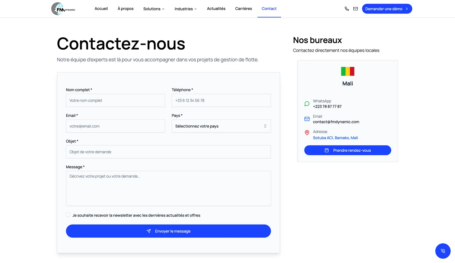 Page contact et réservation de démo de FM Dynamic
