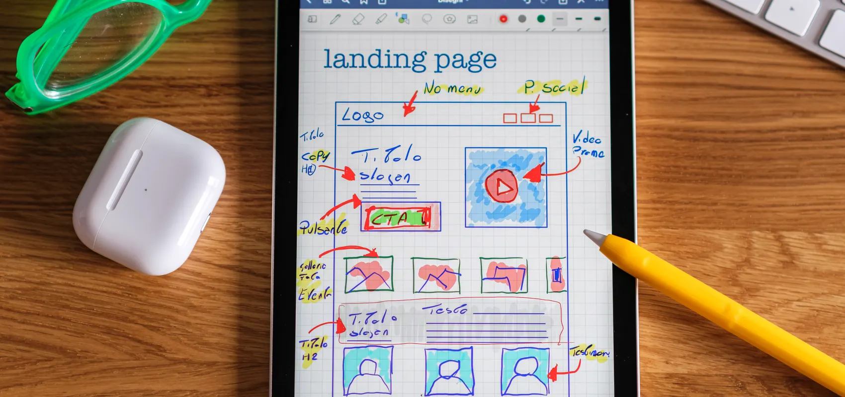 Maquette annotée d’une page d’accueil sur tablette, point de départ d’un cahier des charges de site web