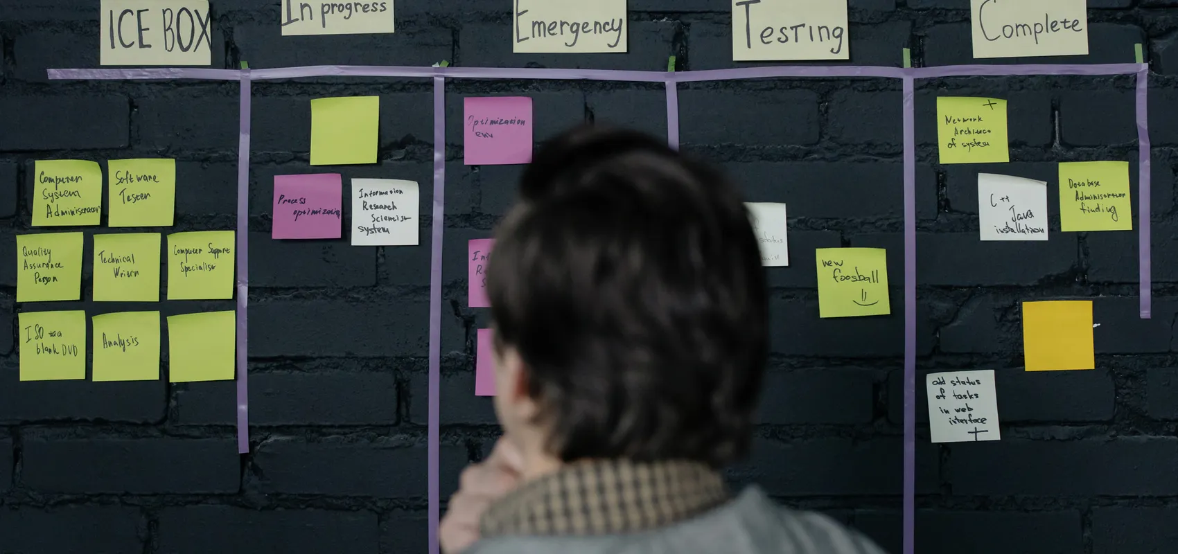 Tableau de suivi d’un projet web découpé en colonnes, du backlog à la mise en production