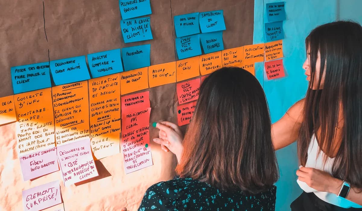 Atelier de cadrage : les étapes et les pages d’un site posées en post-it sur un mur