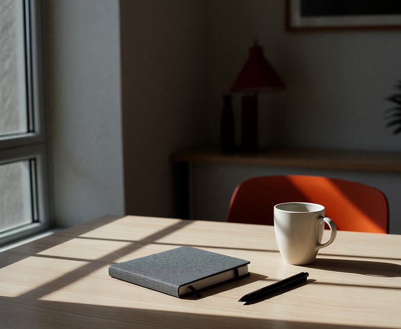 Un carnet gris et une tasse posés sur un bureau éclairé par la fenêtre