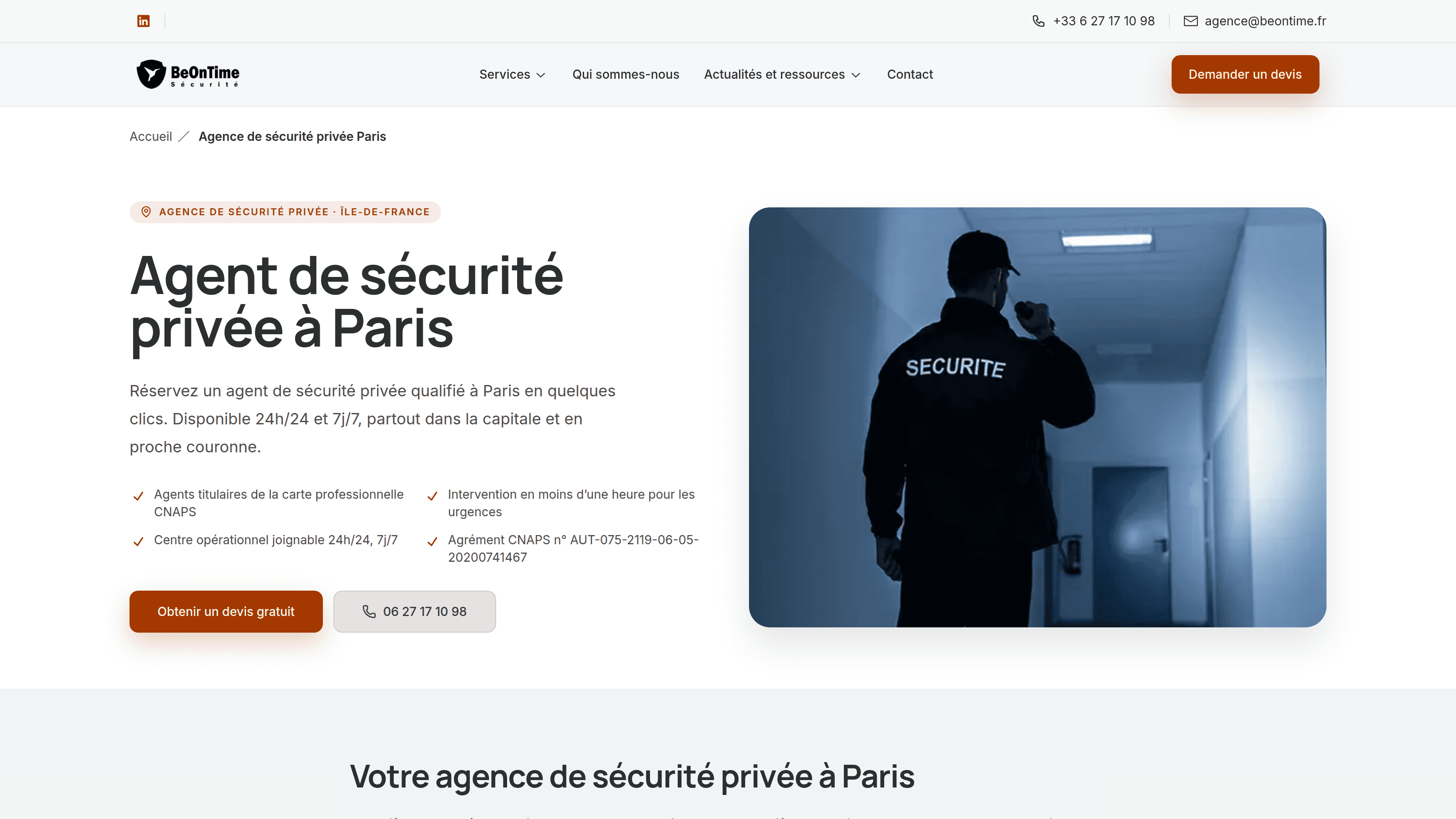 Page d'agence de sécurité privée à Paris