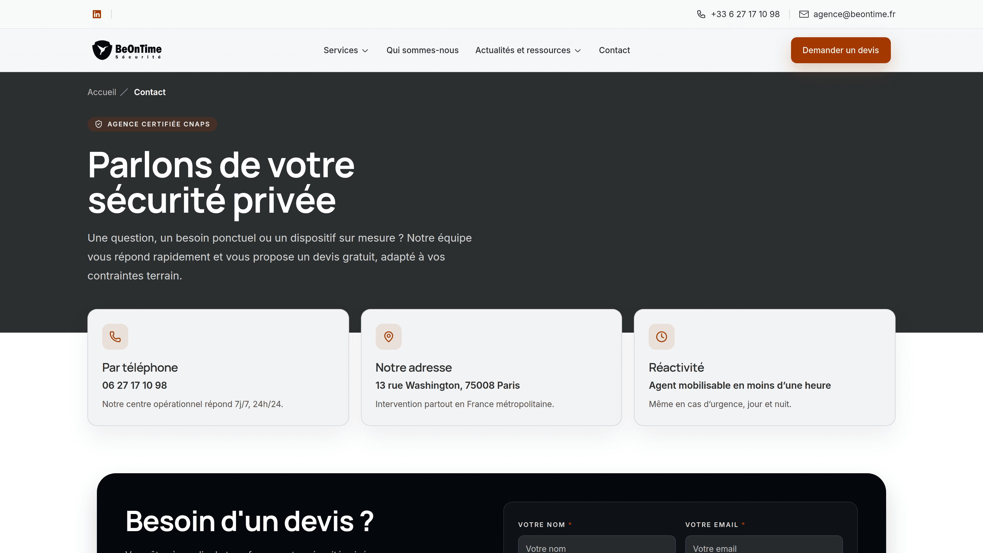 Page contact et demande de devis de BeOnTime