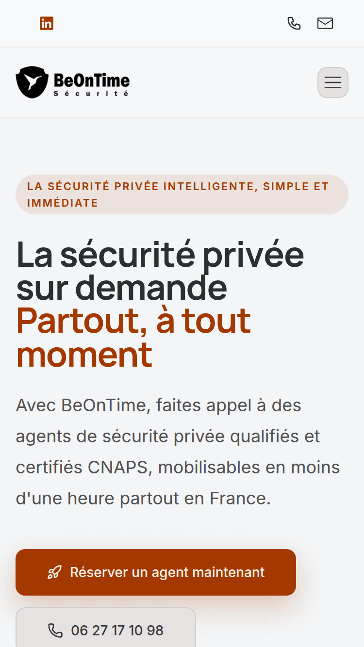 Vue mobile de la page d'accueil de BeOnTime