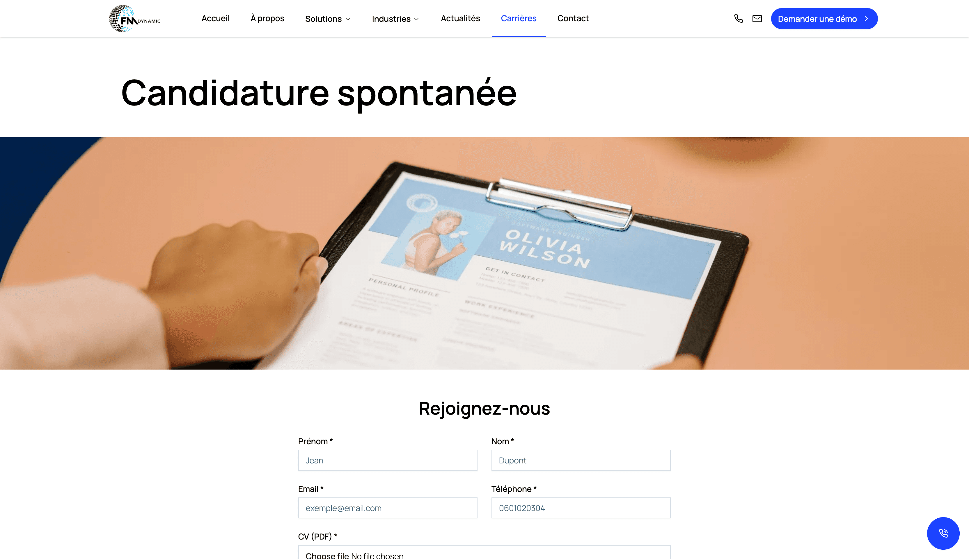 Page candidature spontanée de FM Dynamic