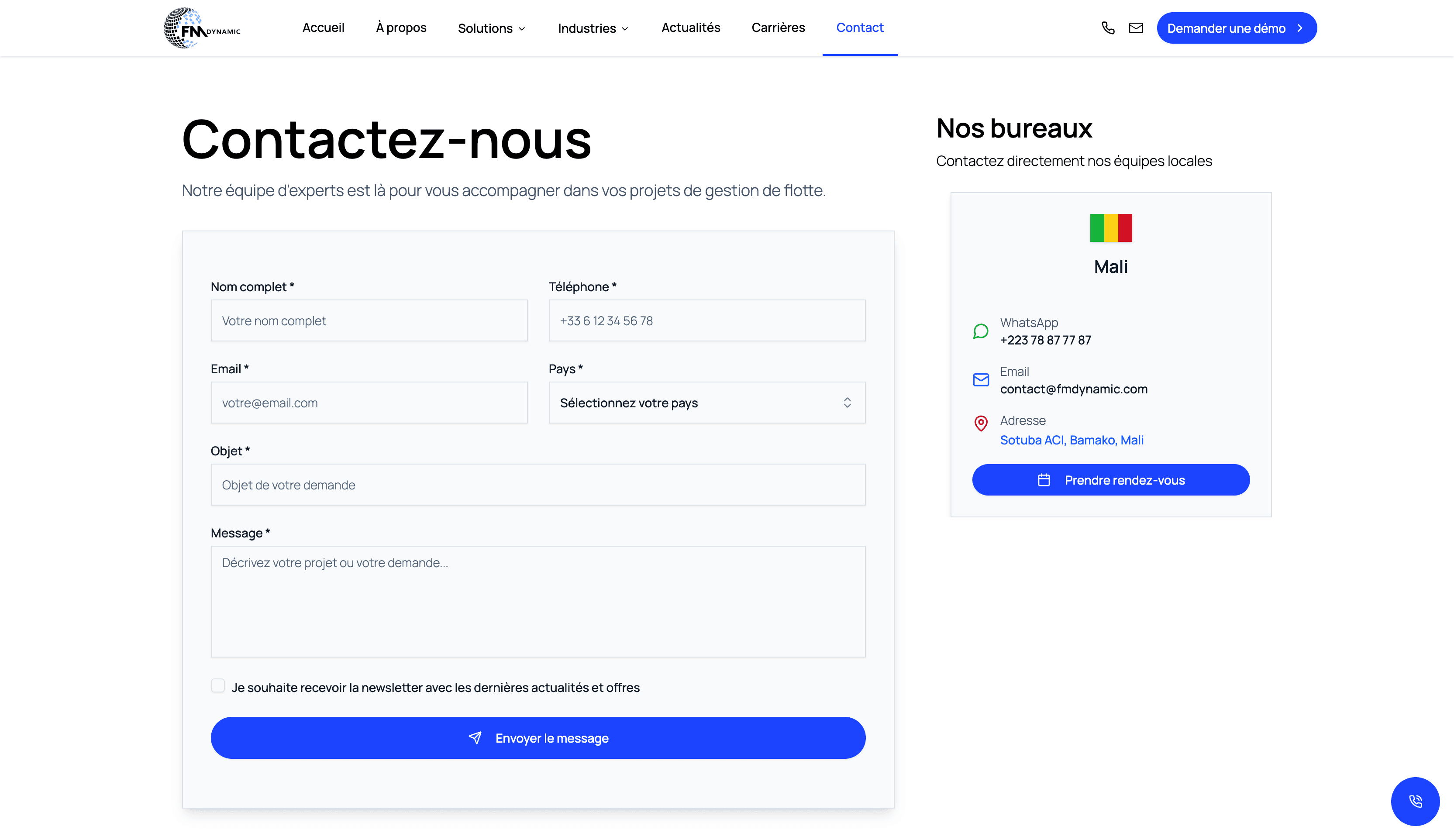 Page contact et réservation de démo de FM Dynamic