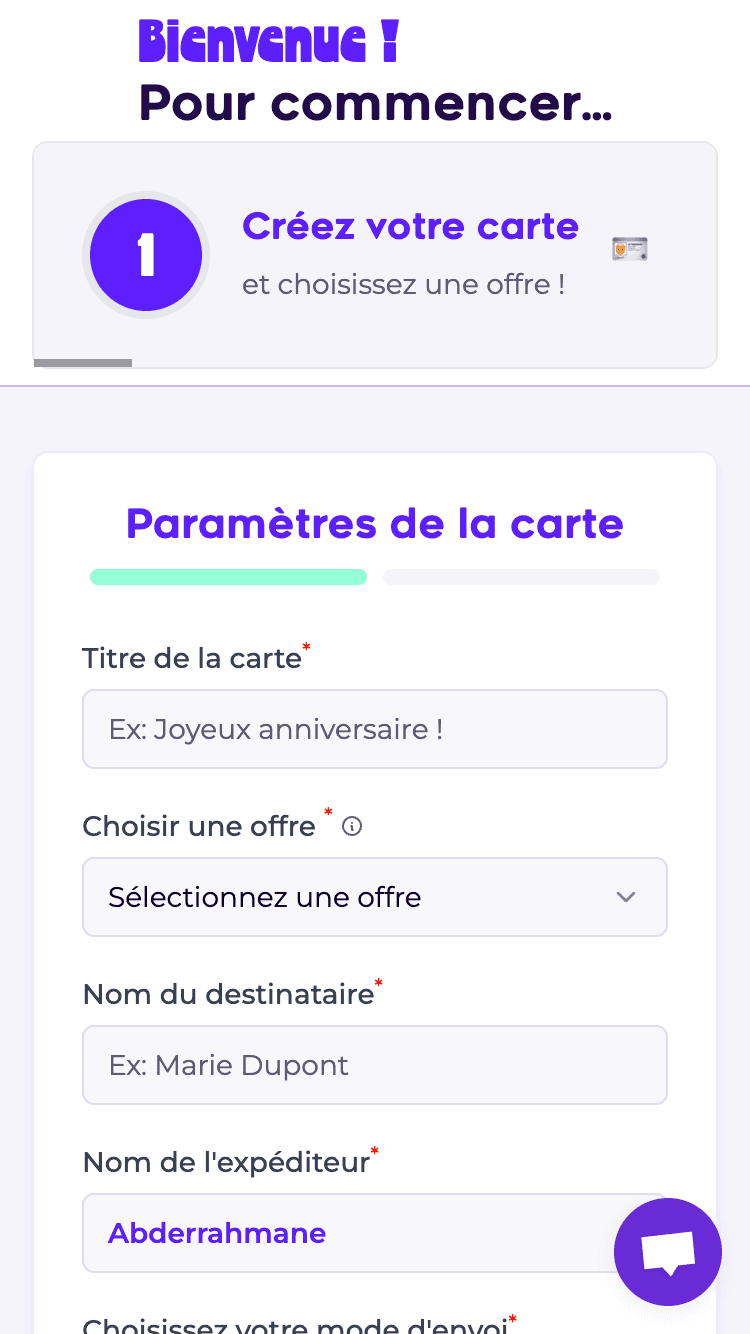 Tunnel de création de carte Moénou sur mobile