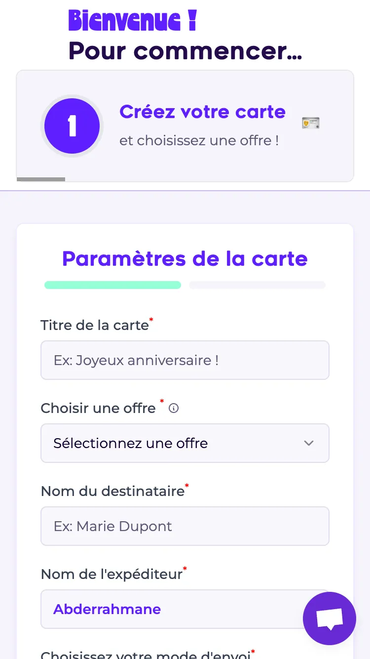 Tunnel de création de carte Moénou sur mobile