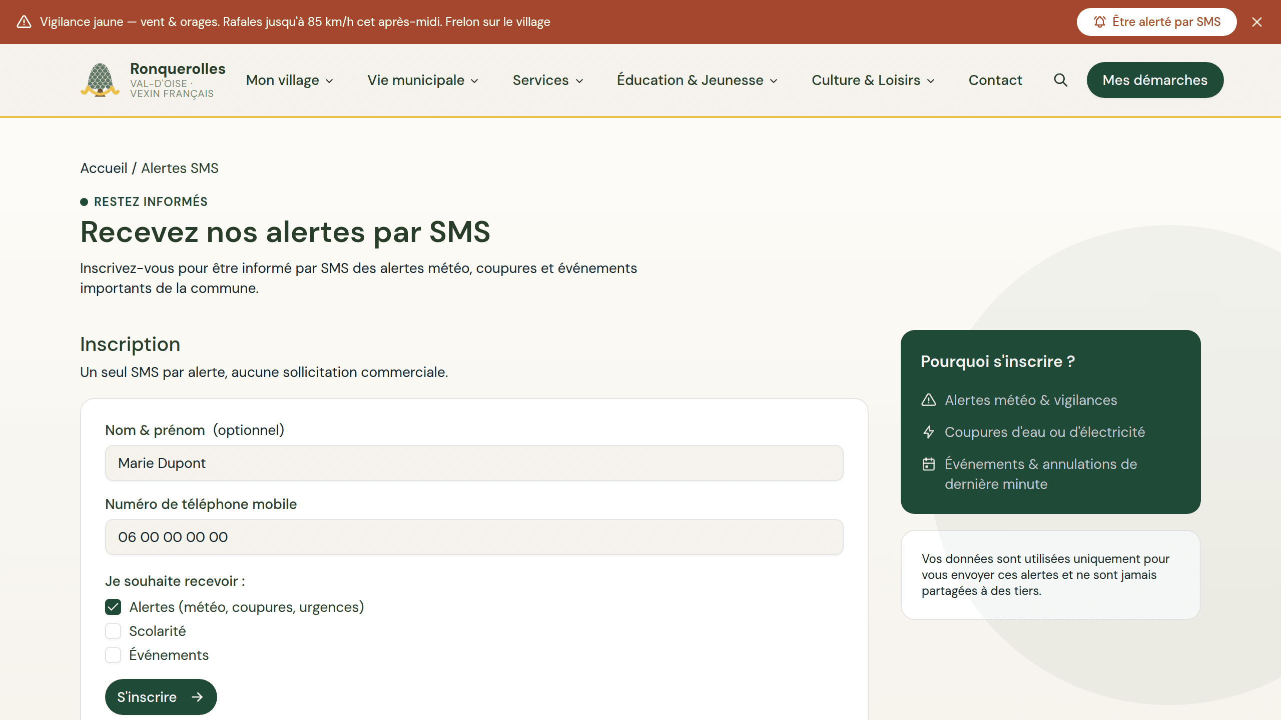 Page d’inscription aux alertes SMS de la commune de Ronquerolles
