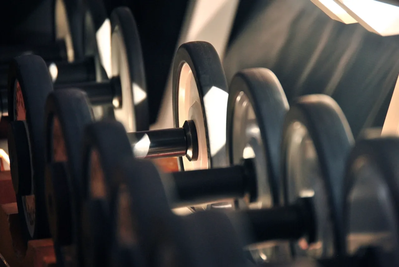 Rangée d’haltères alignés sur leur rack dans une salle de musculation